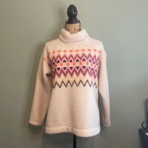 Loft Womens Fair Isle Mock Neck Cozy Winter Sherpa Pullover Sweater Top Cream XS